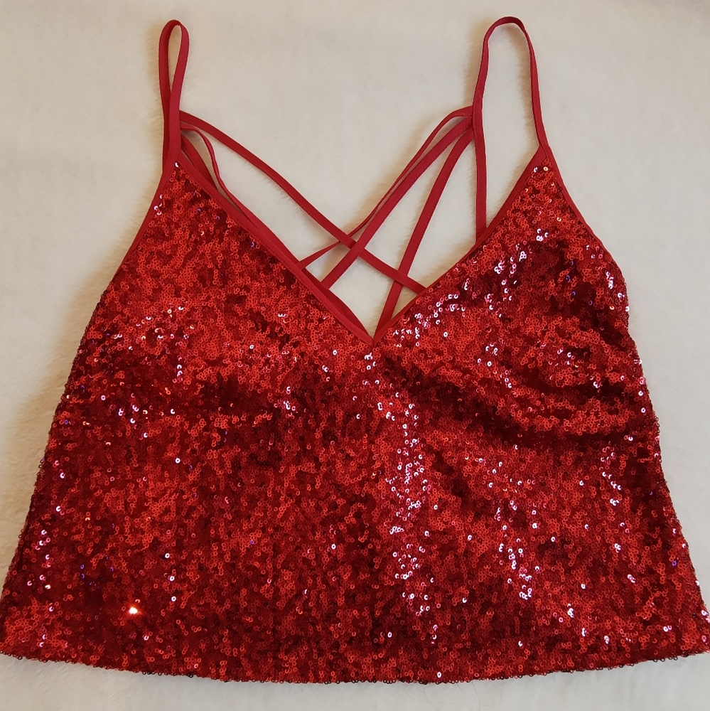 Express Sequin Cropped Cami Barbiecore Maximalist